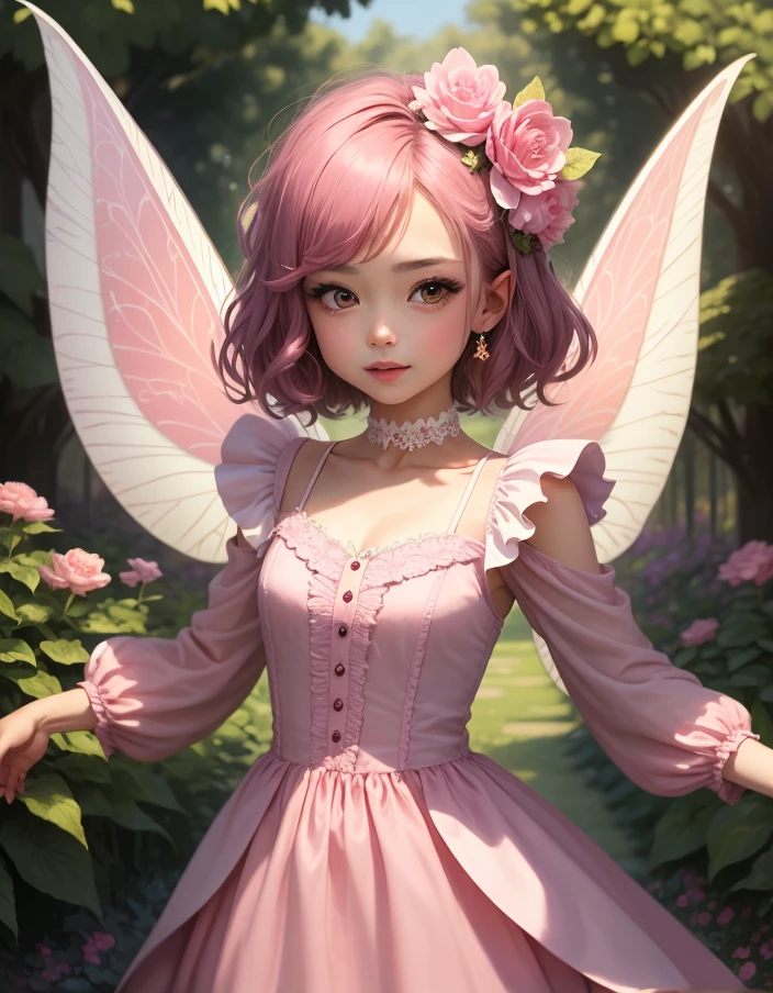 (face focus), (1 girl, woman, solo, pale skin, cute), (short hair to shoulders, curled hair, dark pink hair, yellow eyes, cute face, smile), fairy girl, fairy wings, pink dress, petunia flower, fairy, elf ears, fairy wings, golden tiara, pink petunia, petunia hair ornament, garden, fairy feathers on back, upper eyes