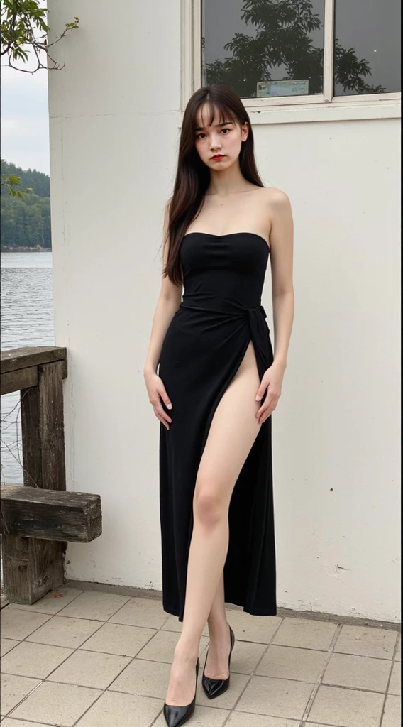 ((Best Quality, 8K, Masterpiece: 1.3)), Sharp, Perfect Body Beauty, slender thigh, Slim, ((black wavy hair, bow hair)), (Mini gowns on sneakers), (standing), (garden), Highly Detailed Face and Skin Texture, Detailed Eyes, Double Eyelids