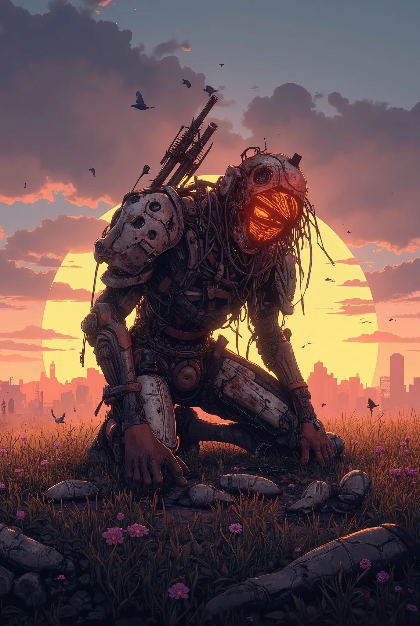 ( LED lighting ) , 3D Rendering, masterpiece, highest quality, high resolution, 4K, 8,000,(realistic, photo realistic: 1.5),(Damaged),A dilapidated,The sunset after the battle was damaged and unable to move, A dilapidated战斗, Kneeling, dark clouds, charred, covered with grass and flowers, is dilapidated , birds perched on it,post-apocalyptic apocalypse、New Dawn post-apocalyptic watercolor post-apocalyptic apocalypse,the sky under the sunset,dark clouds,desolate land,Light of hope,Transparent watercolor,realistic texture,4K,high quality, masterpiece,Extremely fine,Photographer,Generalist,ultra accurate,Professional,bright colors,Nerd