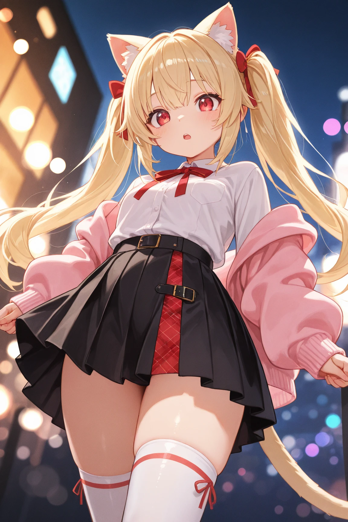 akizuki airi. oni chichi, masterpiece, highest quality, Very detailed, figure, Flat Color, Depth of written boundary, , , 1 girl, young, anime, Returning Home, full length, blonde, Twin tails, Looking at the audience, red pleated mini skirt, Wet white button-down shirt, , black tights, See-through underwear,Detailed fabric texture, Beautifully detailed face, blue eyes,  A light smile, Pink Panties,??????? in the dressing room