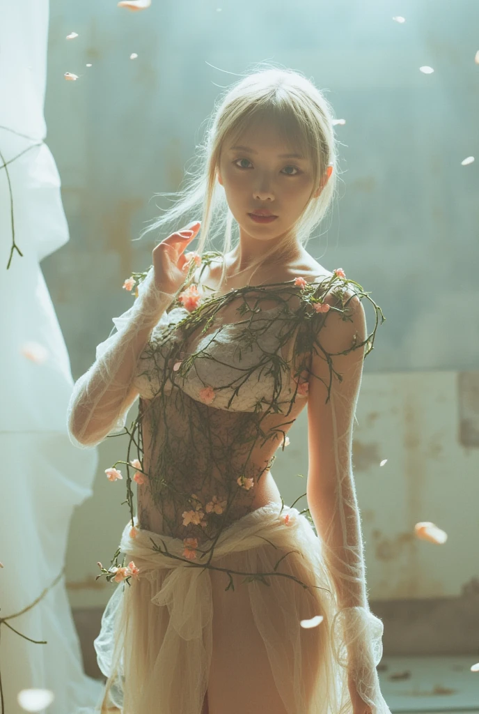 An extremely beautiful, cute, athletic blonde white woman with medium sized breasts who looks like Emma Watson is examining flowers in a very dark forest. She is wearing a revealing, tiny see through translucent dress. and her breasts and vagina are clearly visible. She is otherwise naked. She is not wearing a bra or panties. She is carrying a large backpack.  Closeup