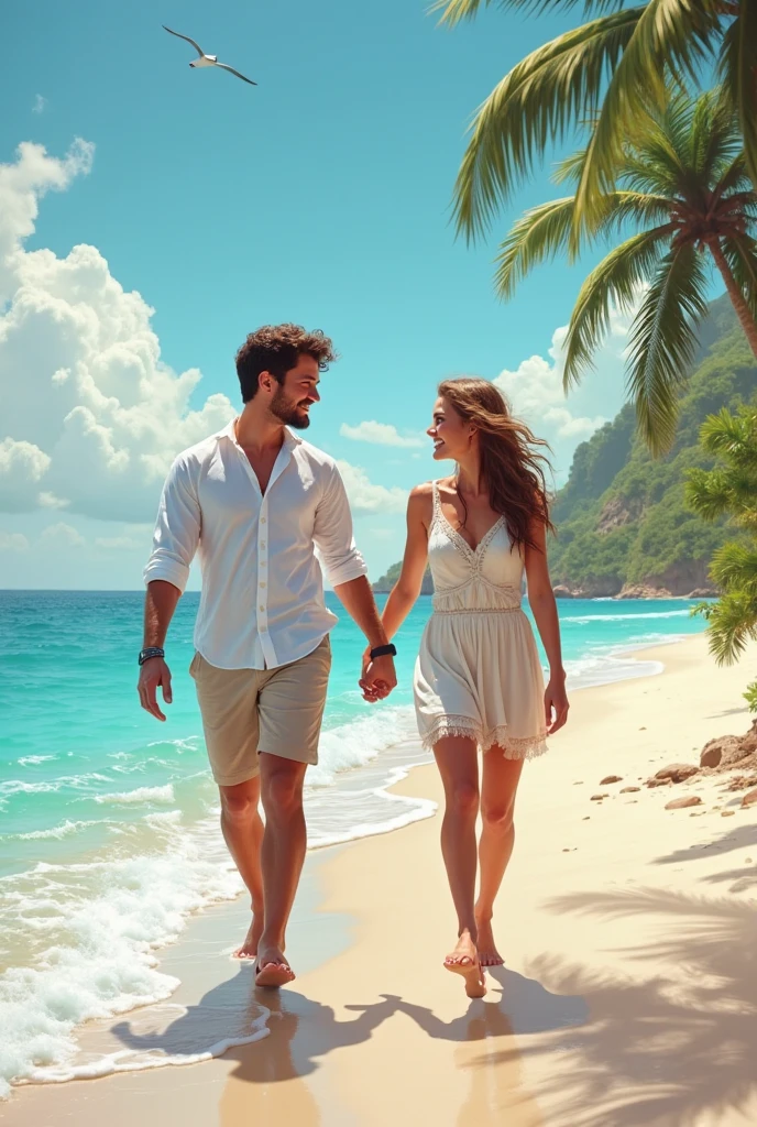 High Resolution, Masterpiece, Accurate, Best Quality, Detail, High Quality, realistic photo. A 2 wife, long dark hair, white skin, wearing a white long dress, height: 155 cm, weight: 45 kg. A 30 year old husband, short hair, white skin, wearing a white t-shirt, height: 160 cm, weight: 55 kg. Husband and wife are walking hand in hand on a sandy Bali beach. The man is wearing a white shirt and khaki shorts, while the woman has long dark hair. They are both smiling and appear to be enjoying each other's company. In the background, there is a beautiful view of the ocean and a rocky cliff. The sky is blue and the overall mood of the image is peaceful and romantic.