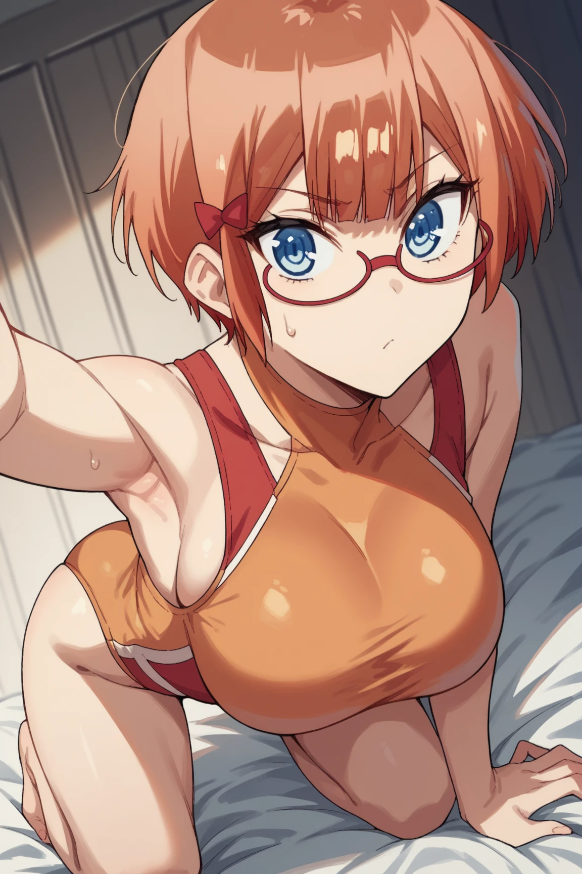 (masterpiece)、(Best image quality)、(Very detailed)、(Very detailed)、4K、(8k)、Best image quality、(beautiful), 1 Girl,Super Breasts、Thick thighs,Noise Reduction、Emphasis on the crotch、Breast Augmentation,(Black Pantyhose:1.2),(nsfw :1.3),(pubic hair:1.3),Sweating,(teacher:1.2),A disdainful look,(Sex slave:1.3),(Normal position:1.2),Red glasses,Orange Hair Color