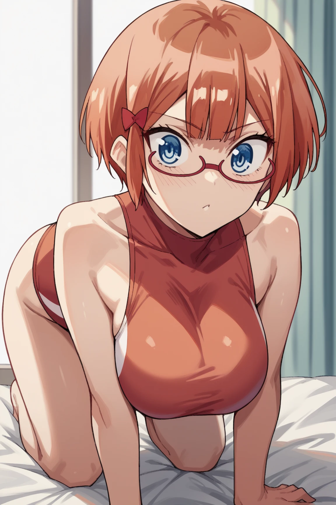 Round glasses, short hair, brown hair, small breasts, worried eyebrows, thick eyebrows, sweat, red cheeks, Japanese-style room, naked, unbuttoned, kimono, lying on futon