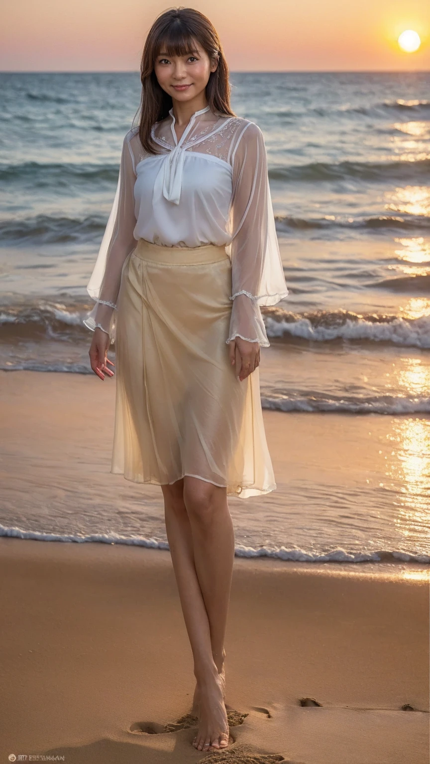 ((Highest quality)), ((8K)), ((masterpiece: 1.3)), (Perfect appearance), (Photorealism: 1.6), (夕日を背景にビーチを歩くJapanese women: 1.4), (Sandy beach at sunset), (The sea was dyed red by the setting sun), (The setting sun is dazzling), (Backlight), Japanese women, (60 years old), ((Stand upright, Look forward, Center of screen)), ((Realistic skin texture)), (Fine wrinkles appear all over the skin), (Dullness), (Unmoisturized skin) , (Facial wrinkles), (Wrinkles around the eyes), double eyelid, Lower eyelid tear trough, The eyes are looking here, Serious look, (Dimples), Lips open, Straight medium length, Hair blowing in the wind, Soft fabric blouse, (Transparent blouse), (Slim body), (Wide sleeves), (Cuffs that fit your wrist), (The bottom of the blouse is tucked into the skirt), (Pleated long skirt), (Bare feet wet with seawater), (whole body), View from the feet,