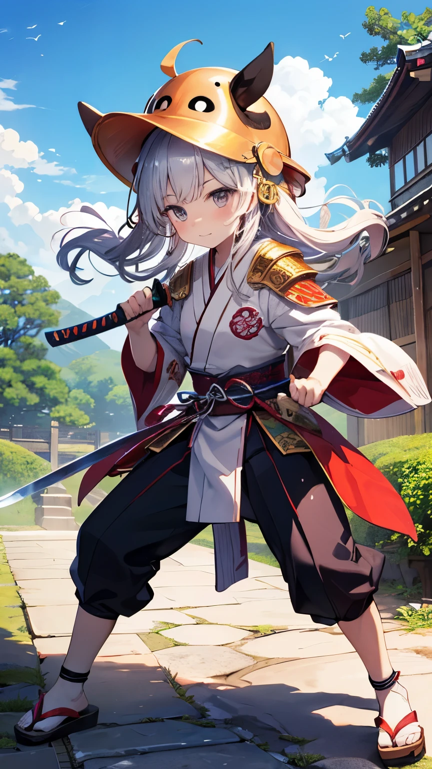 Anthropomorphic cute little pig
He wears a helmet with a pig's face motif on his head
Clothes are pastel-colored armor from the Sengoku period
Are shoes sandals
The hair is long hair
I have a Japanese sword in my hand and I'm about to fight
There is a castle from the Sengoku period in the background