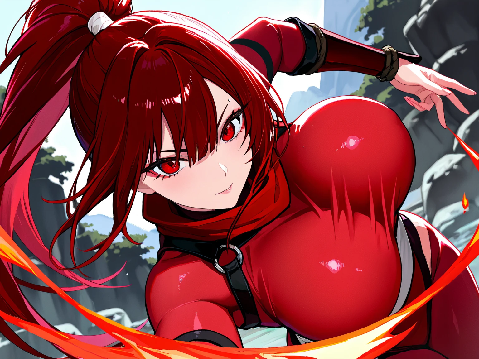 1girl,solo,super detailed skin,shiny skin,wet oily skin,natural face,lips gloss,eyelashes,glowing red eyes,red hair,blunt bangs,sidelocks,a braid,large breasts,vinyl body suit,(Shinobi clothes:1.1),cleavage cutout,fishnet,ninja motion,jumping,night ruins,masterpiece,best quality,ultra detailed,high resolution,sharp focus,depth of field,