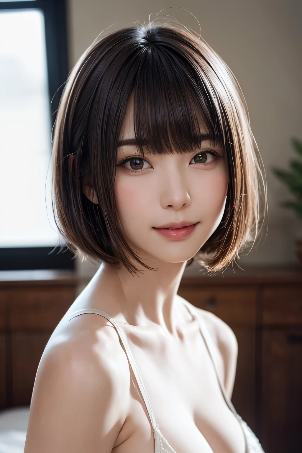 zydG, 1girl, detailed skin, looking at viewer, brown eyes, (short hair with bangs:1.2), (medium breasts:1.0), (medium areolae:0.8),
(photorealistic:1.4), (best quality:1.0), (ultra highres:1.0), 8k, RAW photo, (masterpiece:0.2), (pureerosface_v1:0.5)