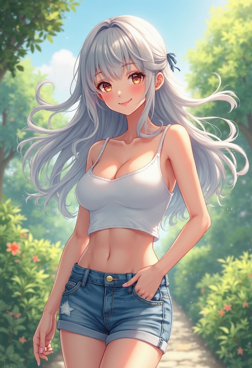(best quality, ultra-detailed, photorealistic: 1.39), bright and vibrant colors, studio lighting, romantic expression, An effeminate girl, create a sensual woman with seductive big breasts, silky silver hair and parted red lips, lace strapless tank top, stylish denim shorts, walking in a leaning pose in the park for a romantic date, night, manga style, anime features manga style, fully body , she is in love, manhwa style