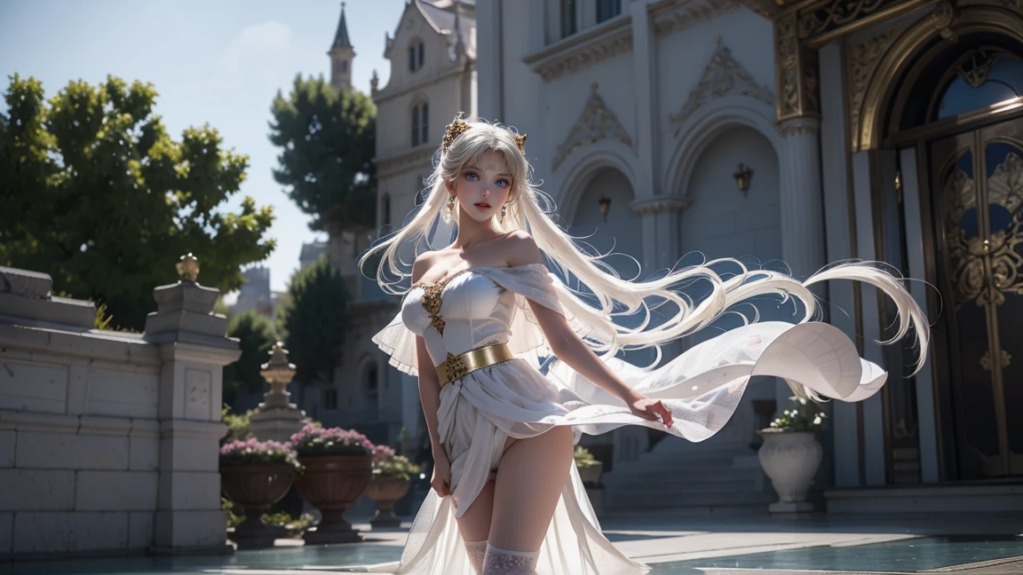 A painting of a girl in a princess costume posing near a pillar, 1girll, Solo, Long hair, dress, Blue eyes, jewelry, view the viewer, Breasts, White hair, head gear, Smile, Earrings, White dress,legs long,Big chest,White ultra-thin white silk,White long heels,Gold-rimmed décor