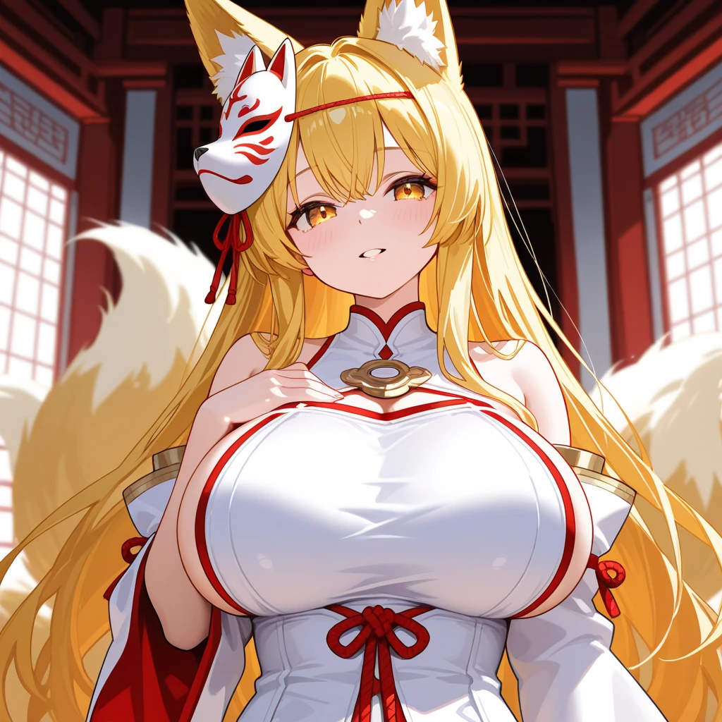 highest quality、smile、Big Breasts、Cleavage、Fox ears、Long blonde、Red Eye、kimono、Japanese-style room、Sword in right hand
