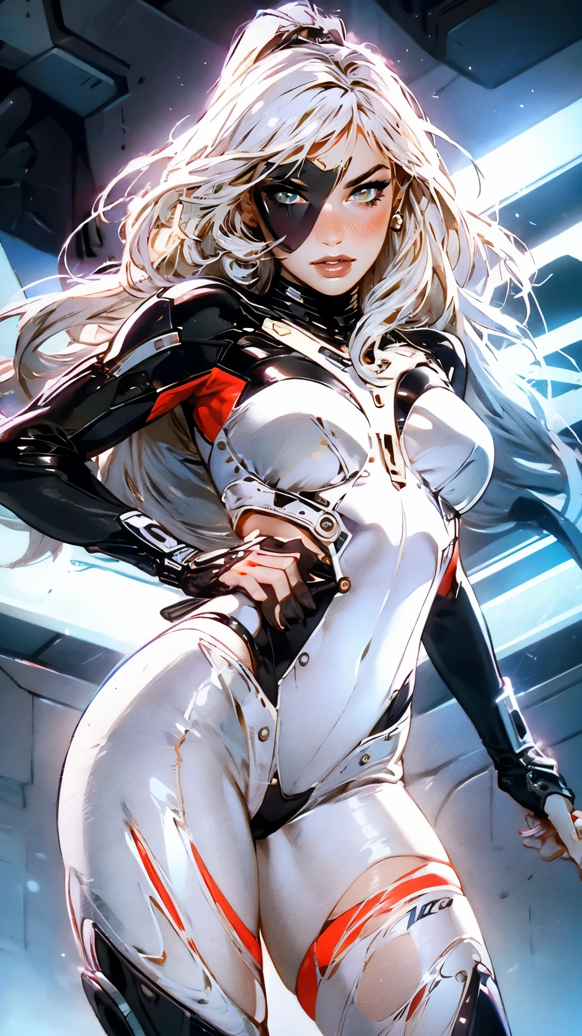 masterpiece, best quality, a beautiful woman with long shiny hair, choppy bangs, delicate face, passionate gaze, perfect smille, blush, seductive expression, tall and fit figure, perfect body, perfect skin, seductive pose, sexy Futuristic Technological Nanogel Clothing, the color scheme is primarily White with Green accents, aidraf, this character embodies a finely crafted sexy beauty, exquisite and mature art Style, goddess, feminine, exquisite photography, depth of field, bokeh, photorealistic, even and soft lighting on face, dramatic, high definition, highres, ultra detailed, professional photo, perfect body proportions, anatomically correct, symmetrical face, extremely detailed eyes and face, perfect eyes, high quality eyes, creativity, RAW photo, UHD, 32k, portrait lighting, cinematic lighting, (masterpiece-anatomy-perfect:1.2)