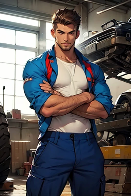 best quality, masterpiece, handsome man, muscular bodybuilder, exaggerated tiny waist, construction worker gear, hardhat, unbuttoned pants, condom in wrapper between teeth, on crowded construction site, perfect fingers, sexy, gay, homoerotic, no watermark, no logo, no signature