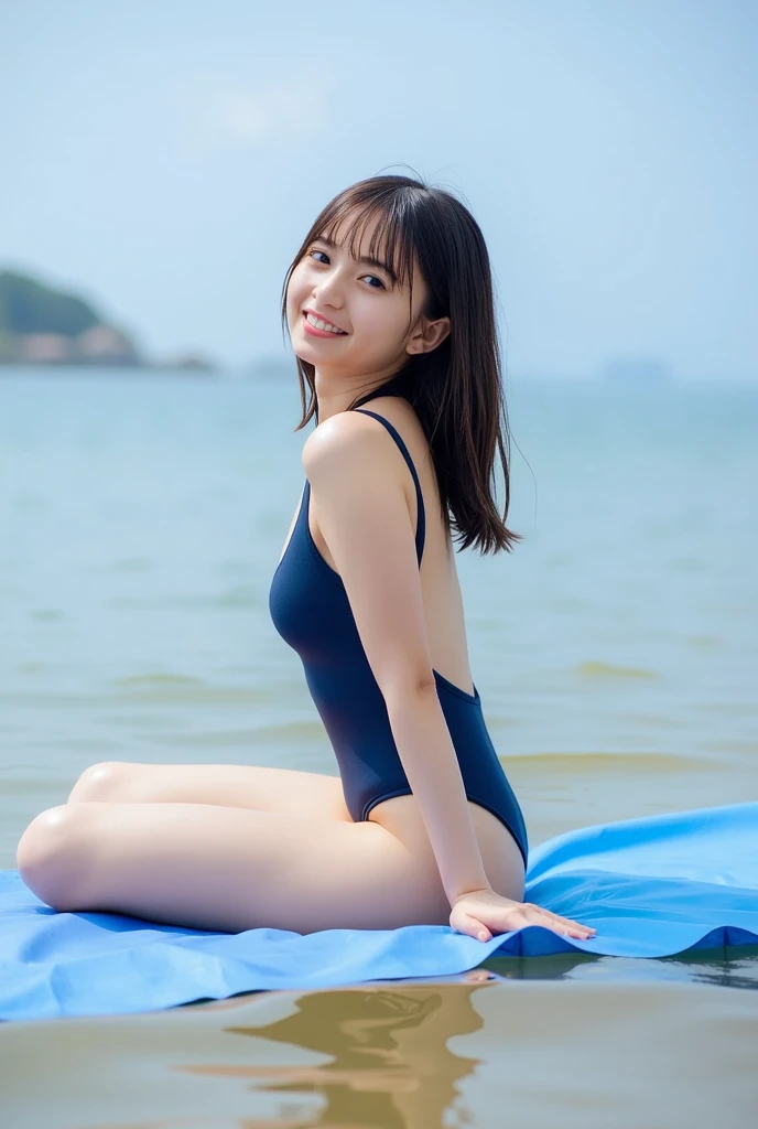 Highest quality, masterpiece, Ultra-high resolution, (Realistic:1.4), Raw photo, One girl, 14 years old, The most famous Japanese idols, Navy blue school swimsuitを着て, Sitting in a plush wooden chair　、Thighs、Face Focus, A very cute face, just like a popular Japanese idol, Very beautiful big black eyes, Very beautiful short black hair, Very beautiful long eyelashes, Very beautiful lips, Very beautiful skin, 1.5), Navy blue school swimsuit　、Very seductive、Full Body Shot