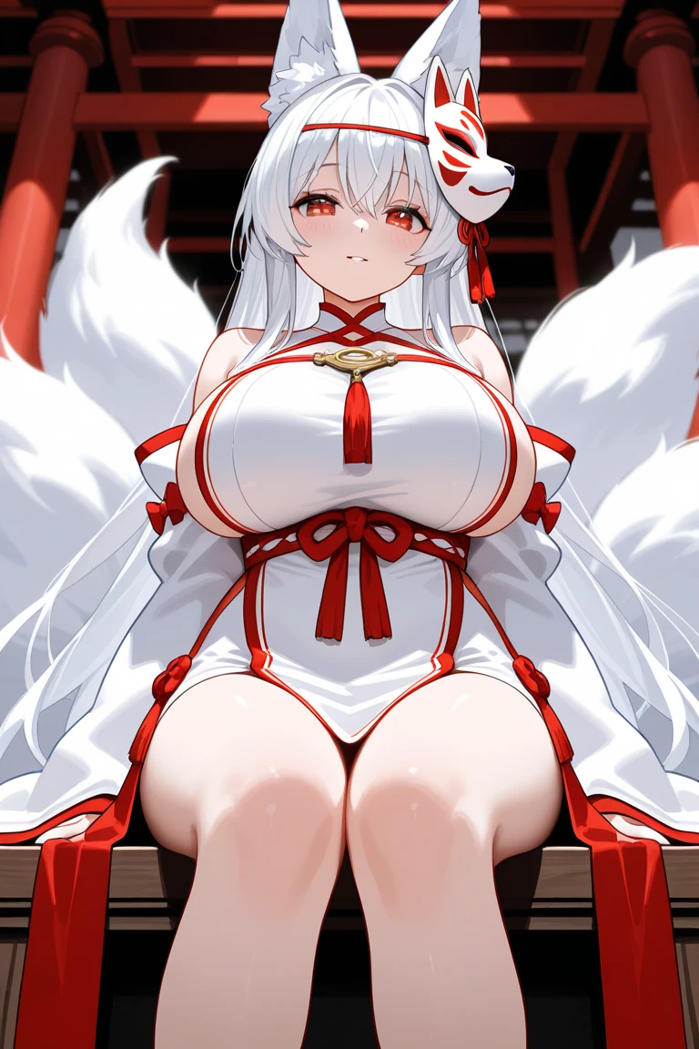 front view, 1girl, milf, woman, big breasts, wide hips, miko outfit, long back-length white hair, white fox tail, fox ears, kitsune, milf red eyes, full lips, smiling at viewer, sitting seiza, nighttime tatami room background, ultra-detailed, sketchy style, UHD, UHD, UHD