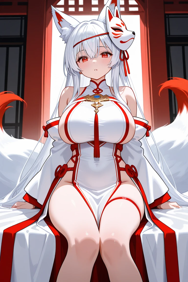 1 girl, alone, Women with bare,
adult, Mature, hands on hips, long white hair，red eyes,
groan in pain,
white hanfu,Sagging), huge cleavage，breasts too big，Nipple presentation，sit on the chair，spread your legs