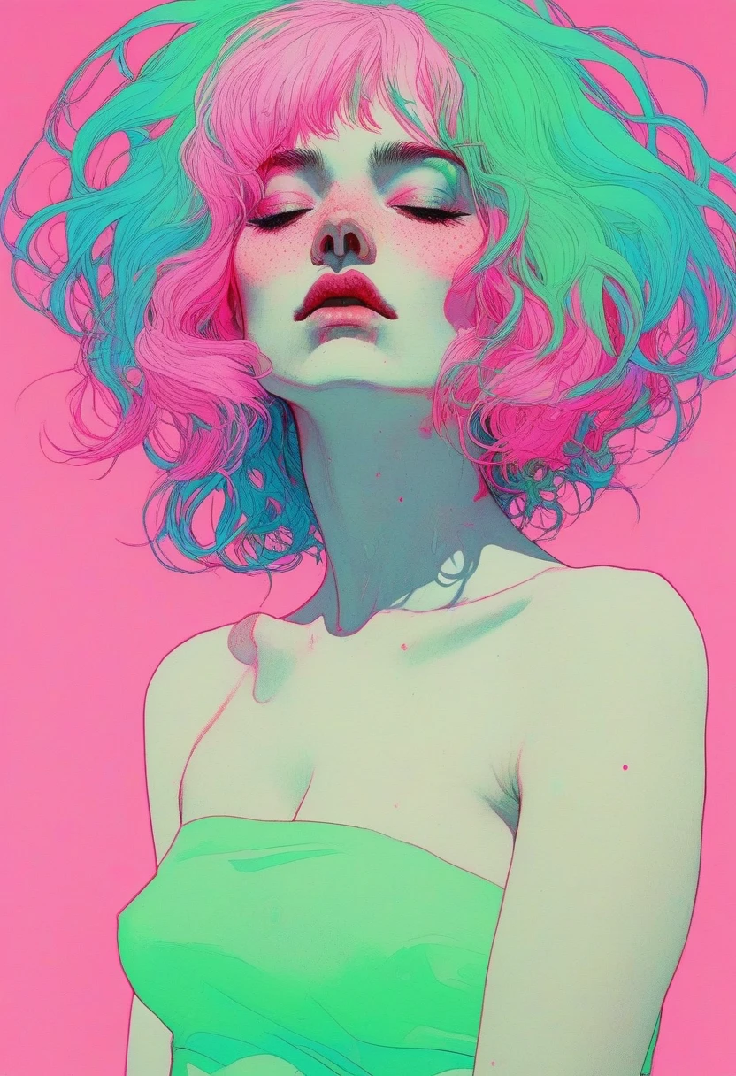 the star is a girl with short pink hair , work inspired by Bill Sienkiewicz, vivid colors, intricate details, oil.