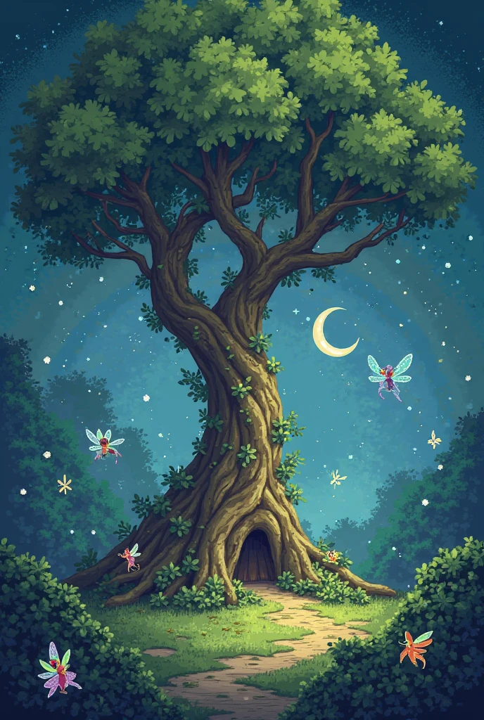 A small baby sleeping peacefully in a cozy nest made of soft feathers and leaves, perched high in a magical tree. The scene includes whimsical elements like twinkling stars visible through the tree branches, glowing fireflies, and gentle beams of moonlight filtering through the leaves. Friendly birds and other woodland creatures are nearby, adding to the serene and enchanting atmosphere.
