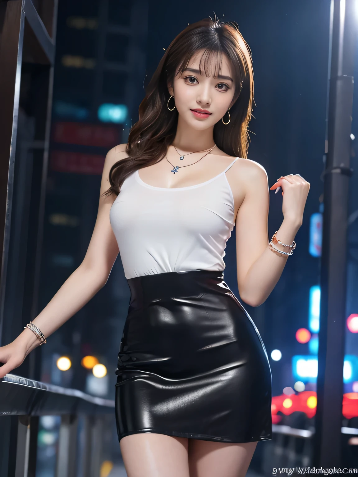 8k, masterpiece, RAW photo, best quality, photorealistic, extremely detailed CG unity 8k wallpaper, Depth of field, Cinematic Light, Lens Flare, Ray tracing, (extremely beautiful face, beautiful lips, beautiful eyes), intricate detail face, ((ultra detailed skin)) 1girl, in the dark, deep shadow, pretty korean girl, kpop idol, 1 girl, (very slim slender fit-muscled body:1.3), ((looking at viewer)),(big smile:1.3), (tight mini dress), (sleeveless) , (fashion city night, dark night, (neon sign), (blurred background), fashion street night),(without people in the background:1.3), beautiful earrings, bracelets, necklace, pantyhose, clear eyes, walking , front shot, (pale skin), (big eyes), face forward, ((upper body shot)), ((silk hot pink color skirt:1.3)),(brown hairs),((tight fitting laced skirt)), (laced panty), (see through), (looking at viewer:1.3) open breast, very slim, long legs, medium breasts, hermes bag ,camel toe, vulva shaped:1.25