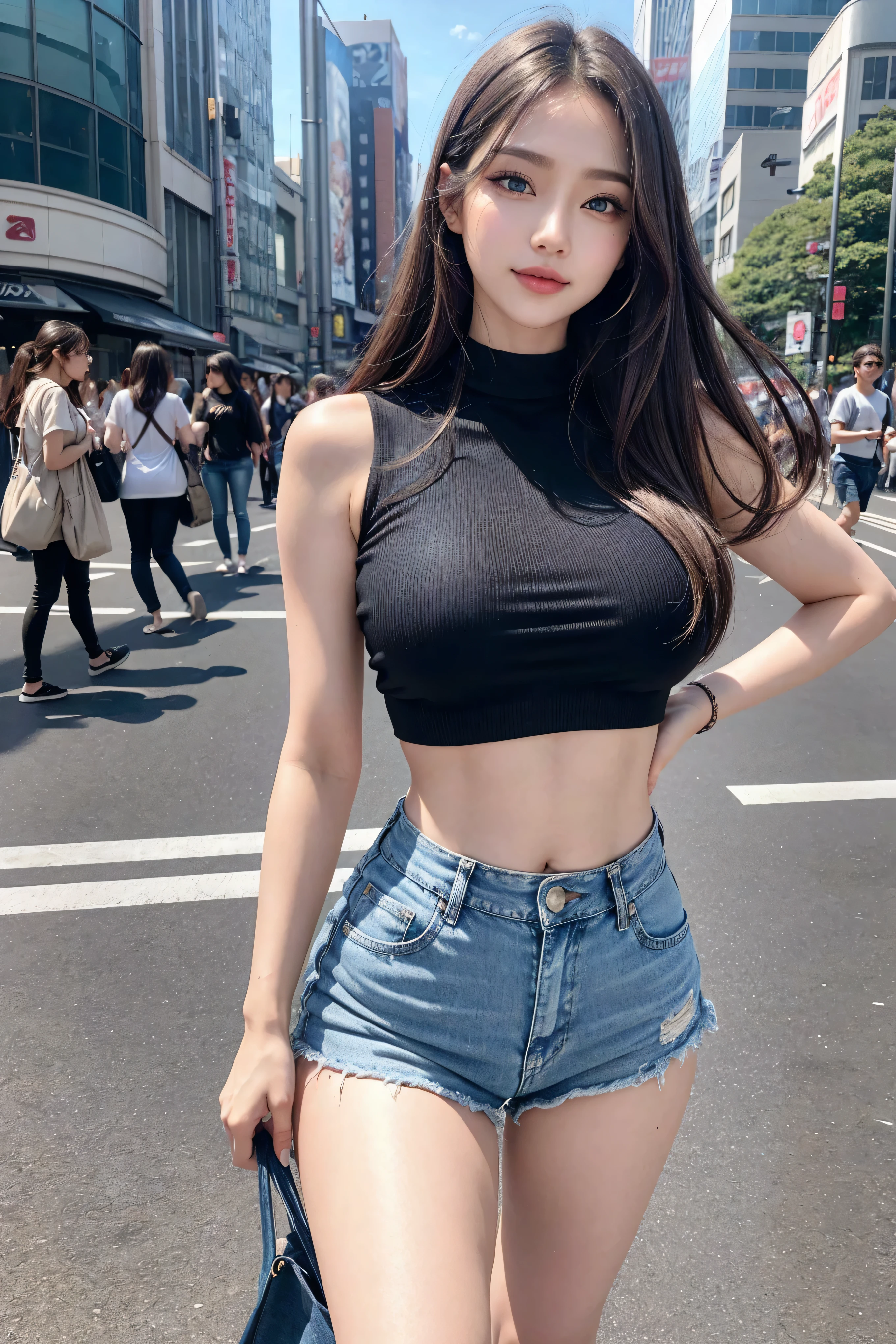 (masterpiece:1.3),(street:1.4),(city View:1.5),(best quality:1.3),(whole body:1.3),(Large Breasts:1.2),About Piziaake,(Practical:1.4),transparent,Pantyhose,abdomen,(Very detailed:1.3),Unity 8K wallpaper,A girl,Solitary,transparent legwear,belly button,Thong,abdomen,Top of crop,Bare shoulders,High heel,Lower breasts
