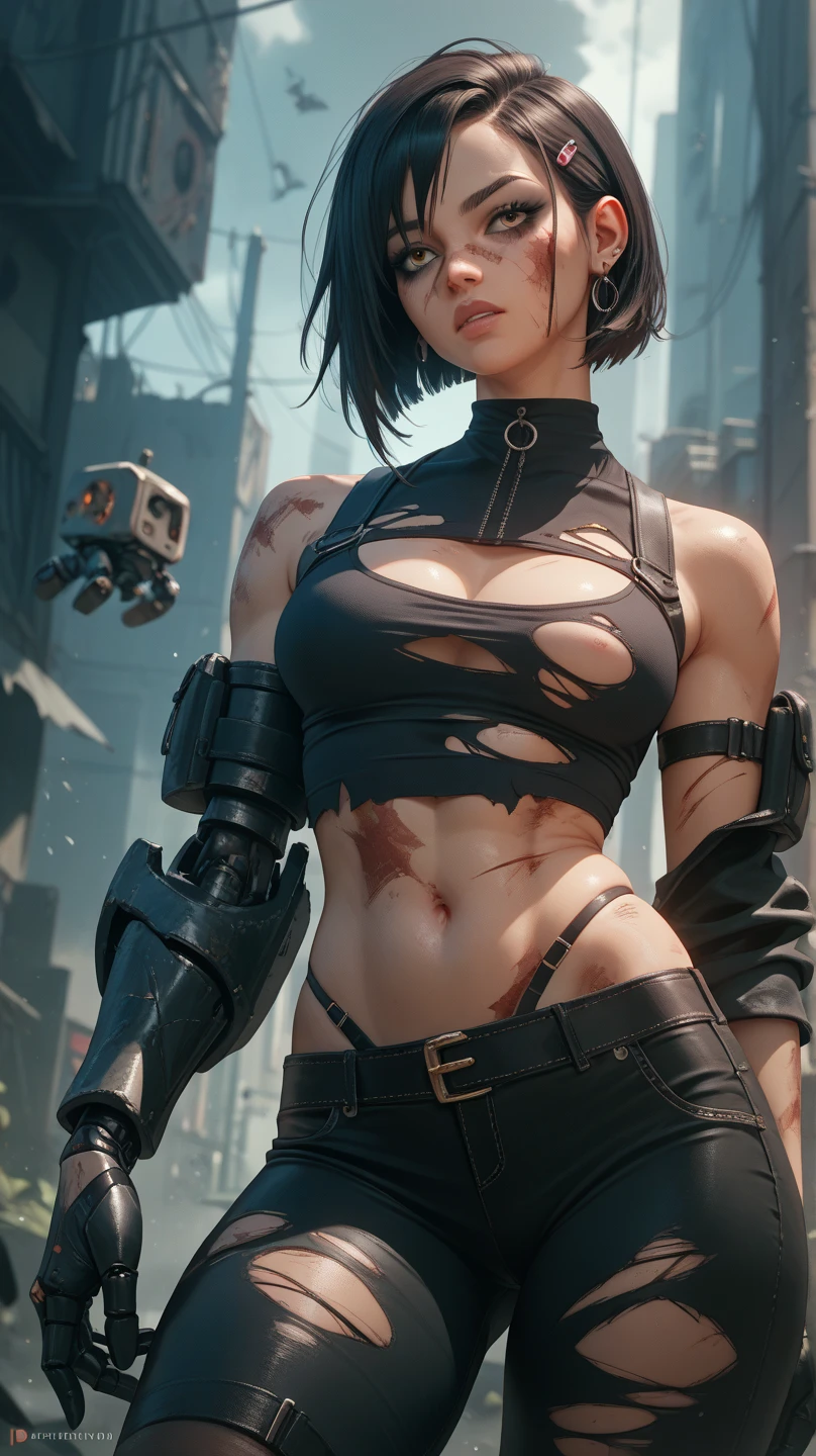 (((Woman))), (((best qualityer))), (((masterpiece))), (((grown-up))), (((1 girl))), ((( short black hair ))), ((( short cut hair ))), (((random colors))), Uma lutadora de WWE cyberpunk Woman de 25 anos com corpo perfeito, clean face, (( bandaged arms )), (((MMA fighter glove))), tiny leather panties, armour com texturas intrincadas, almost naked in Simon Bisley's wild urban style for the cover of Heavy Metal magazine, Spectacular colorful graphics, Minimal clothing, Metal protection on the left arm with complex graphics, (((Dark random colors with white stars and red and white checkerboard pattern))), armour, cheio de espinhos, (((from the knee up))), ((( short black hair ))), In the background is a ring with an intricate design by Shepard Fairey