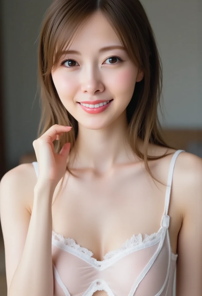(best quality,ultra-detailed,realistic,photo-realistic:1.37),HDR,UHD,studio lighting,woman,portraits,beautiful Lake,smiling,smart shaped face,crystal clear white skin,standing,hotel room,long white dress,a close up