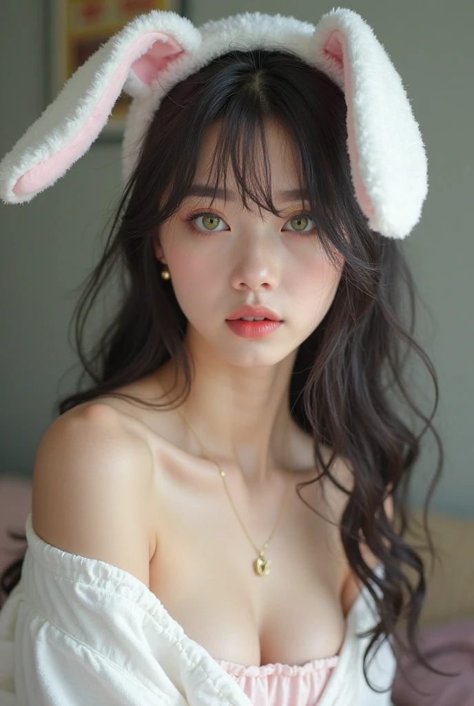 (photorealism:1.2), Beautiful woman, sitting in bed, with a white dress, Soft lighting, long black hair, cozy room, relaxed pose, realist, with white bunny ears, and a crown.
