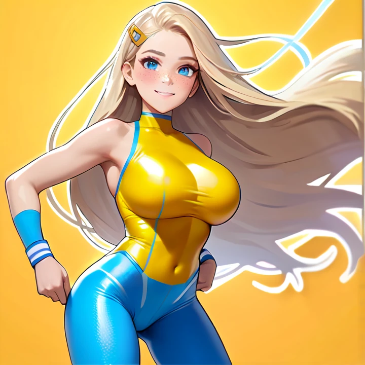 Alafe wearing a shiny sky blue tube top、Yellow shiny jacket、Five Fingers、Huge breasts that are about to burst、One lady、Slurry and long legs、Shiny tight pants、Fitness Model、musculature、abdominals、Height 175cm、sun visor、Tanned skin shiny clothes、a smile、full-body view、publicity cosplay、full-cosplay、taken with canon 5d mk4、cosplay foto