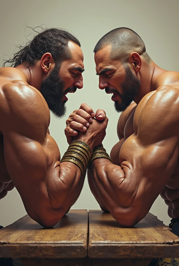 Friendly fight between two bodybuilders in which neither is losing the battle but they are in contact in the battle, that their faces can be seen from the front, even if they are in striking positions