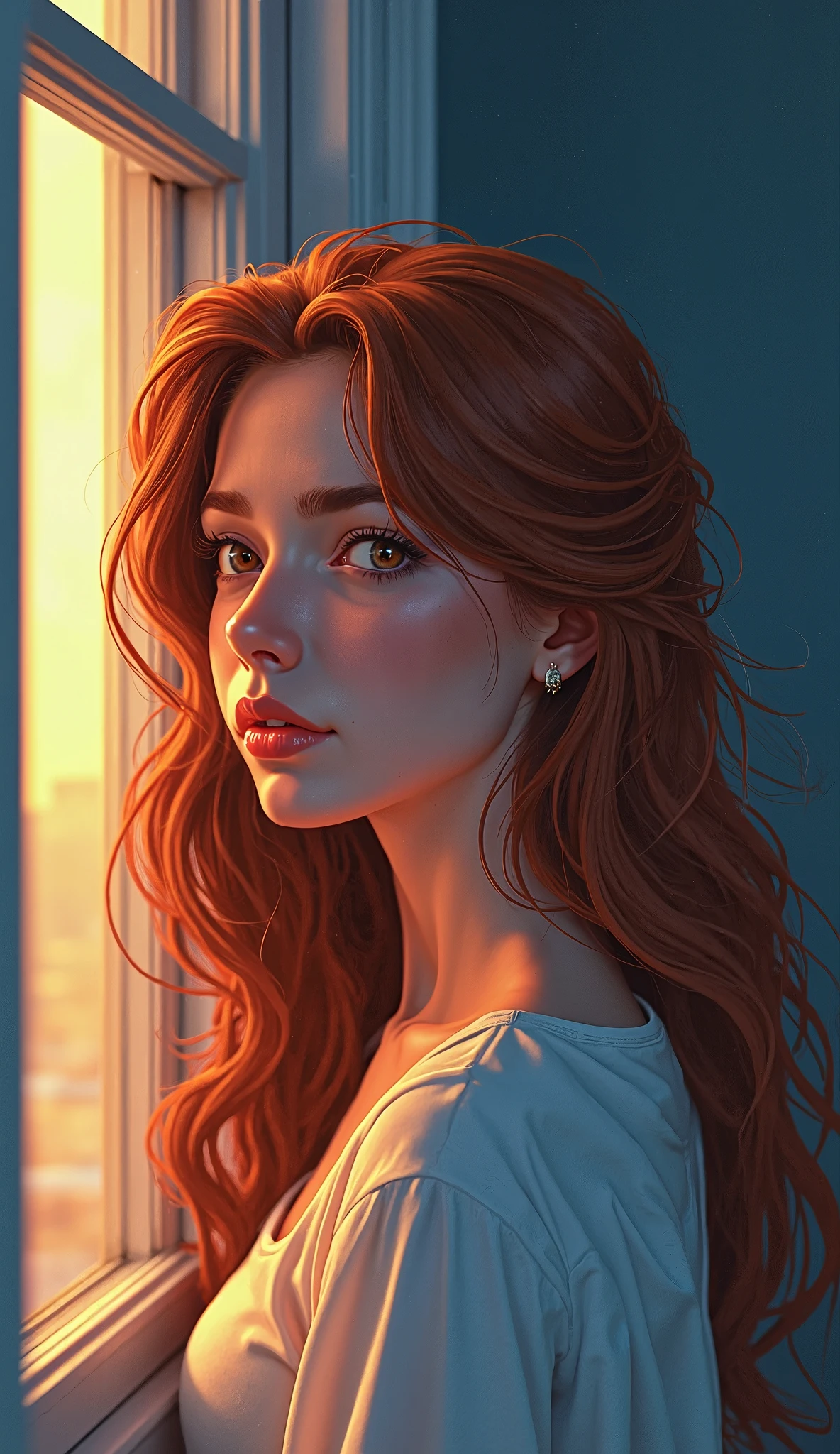 oil painting,x 1girl, solo, shirt, red hair, realistic, long hair, looking at viewer<lora:oil:0.7>,