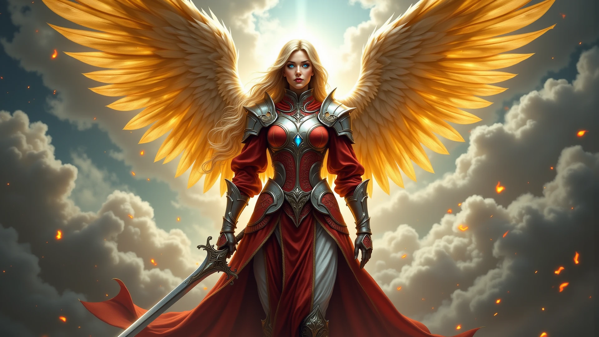 fantasy art, epic fantasy art,  a female angel standing guard in heaven, her wings spread wide, she holds a (fiery sword: 1.2), wearing intricate armor, white armor, she is wearing red cloak, wearing high heeled boots, flowing cloak, most beautiful angel, (best detailed face: 1.3) blond hair, wavy hair, epic hair, blue eyes, (glowing blue eyes: 1.3),  heavenly clouds, rainbow background. divine rays, vibrant, Ultra-high resolution, High Contrast, (masterpiece:1.5), highest quality, Best aesthetics), best details, best quality, highres, ultra wide angle, 16k, [ultra detailed], masterpiece, best quality, (extremely detailed: 1.5),