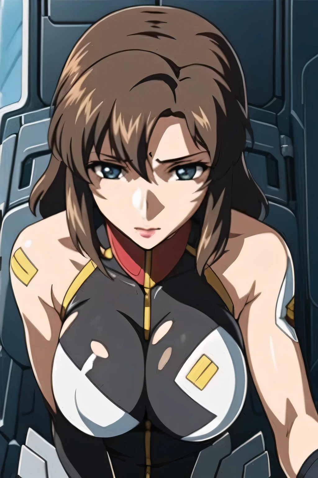 Please draw her huge breasts bigger, Injury ,Machine parts are peeling off off,Machine parts are peeling off off with one arm broken, Future City ,,destroyed building,(((can you draw a machine body other than her face))), Injury in battle、Machine parts are peeling off,battlefield,(Let's draw a more subtle expression),(futuristic cyborg body),( Battle Machine )(terminatorsT800 bodies),,I need my whole body for work、 , damaged and Injury in battle ,Faces are important