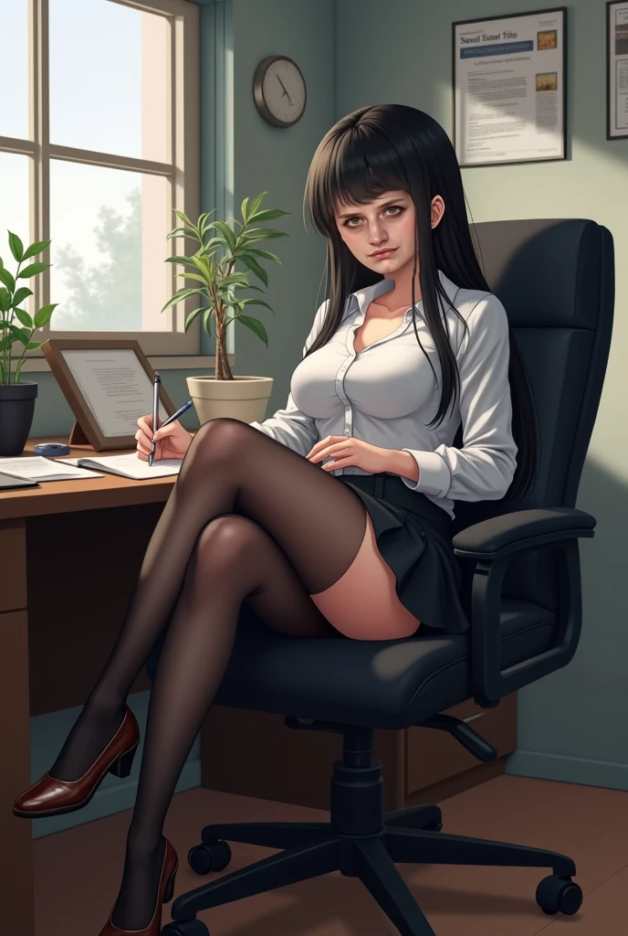 (masterpiece, best quality), a young black haired girl office secretary dressed in a transparent white blouse and black office skirt and black pantyhose ,sitting in an office chair, holding pencil, (detailed skin:1.3),(detailed eyes), (sharp focus), <lora:add_detail:1>