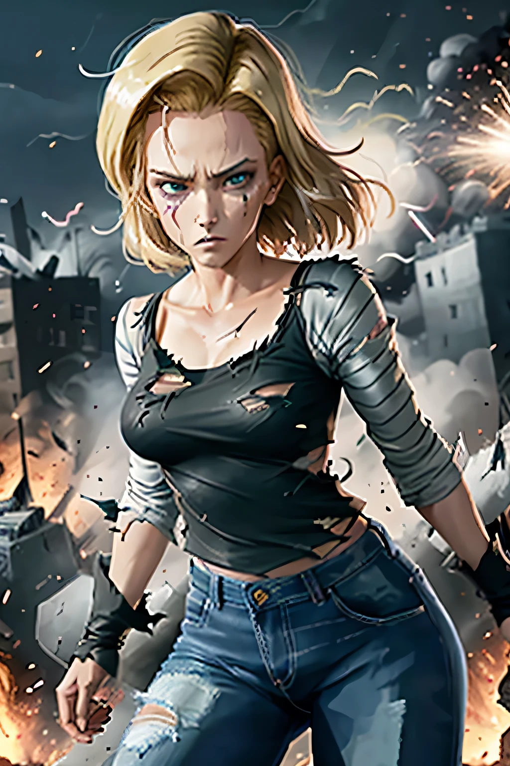 score_9, score_8_up, feral pony, show accurate,
<lora:xl_kelala_pony_ceshi(pony):1>, Korean style,
woman as android 18 sitting on the cloud, blonde hair, short hair, looking at viewer,
(protruding upper circumference:2), large breasts:2, sagging breasts, very long eyelashes, closed mouth,
blue eyes, fierce eyes, upturned eyes, v-shaped eyebrows, serious, angry, earrings, black high heels, dirty face, dirty skin,
tight, blue top, shirt, open denim_jacket, denim_skirt, gauze, ((wounded, body wounds)),
outdoors, cinematic angle, cinematic lighting, cloud, moon, night sky, shooting star, white panties,
flying rubble, broken, splashing gravel, terrifying power, destruction,flying rubble, outdoors, broken, splashing gravel, terrifying power, destruction, motion lines, speed lines, index finger raised,