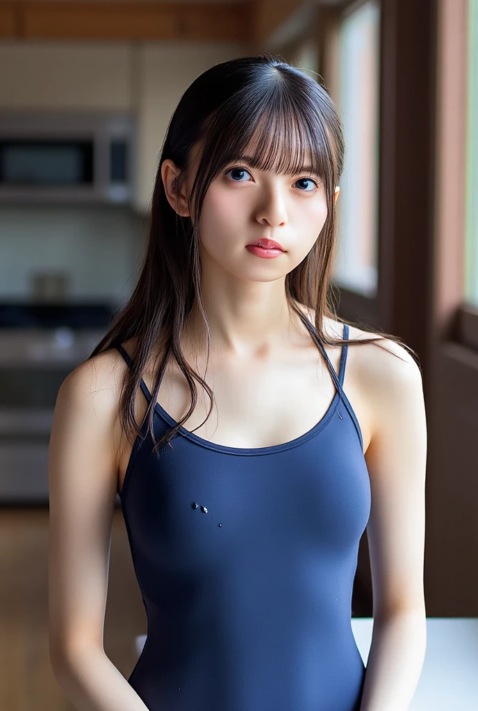 (Sillamäe:1.5), A slender, masterpiece, top-quality, Raw foto, Photorealsitic, faces, Incredibly absurd, beautiful a girl, cute little,Short messy hair, depth of fields, hight resolution, ultra-detailliert, finely detail, ighly detailed, extremely detailed eye and face, Sharp pupils, Realistic pupils, foco nítido, Cinematic lighting,Sitting on legs bending the knees、20 years girl、From above、Navy blue school swimsuit、Dark blue one-piece swimsuit、Japan High School Girl School Swimsuit、The shoulder strap is detached、A wistful look