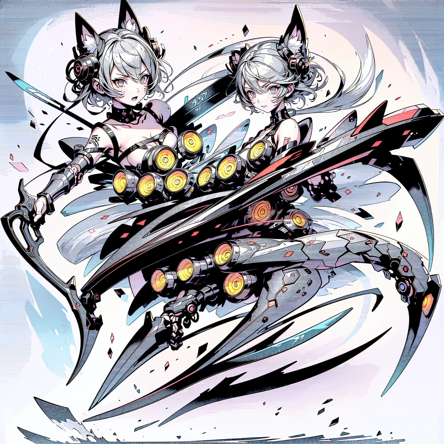 Character Sheets, Three types，Shot Full Body，Game Character Design，Victorizo ∨TSE∨,Stylistic expression, pastel colors, green, Toxic Green,  absurdress, Full of Details,2 d anime style, anime moe art style, Jazz & Increased, cute art style, Anime-style illustration, anime girl, Author: Kamagurka, in Pixiv, pixiv style, pixiv, in anime style, anime art style, Full Body Commission, neon colors, neon green, The same character, absurdress,traditional Chinese clothing,Full of Details, ((Character design sheet,same character,front,side,backboob)),illustartion, big weapon, Cyborg, baggy clothes, bright pink, long pink hair, baggy clothes ， Snowman padded jacket，anime character reference sheet，[character design]，full height