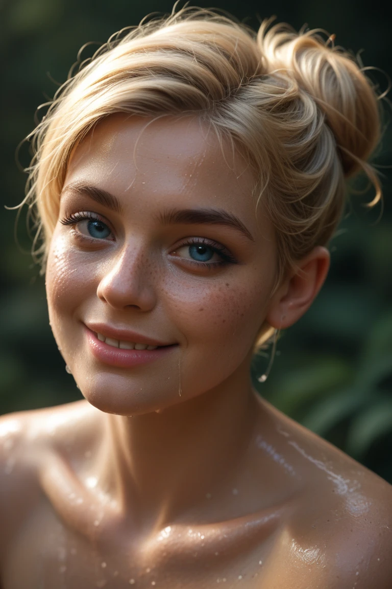 beautiful lady in the distance, hyperrealistic beautiful face, (freckles), big smile, grey eyes, blonde hair messy bun, dark makeup, hyperdetailed photography, soft light, red bikini, wet hair and skin after shower