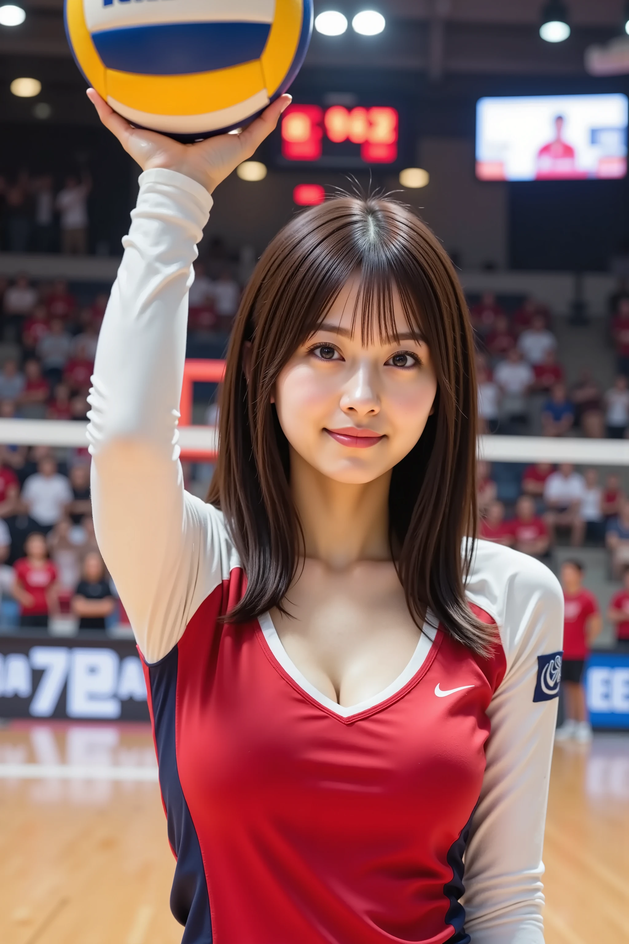 firm and big breasts, cleavage, A realistic photographic composition framed from just below the shoulder of a female volleyball player in mid-serve on an indoor court, ensuring her entire head is fully visible within the frame without cropping at the top. The background reveals blurred arena seating with cheering spectators under bright overhead sports lighting and glowing LED advertisement boards along the sideline, while a taut white net and padded metal net posts stand just behind her shoulder level. A digital scoreboard with red timer digits is softly visible beyond the blur. She wears a fitted red and white micro-mesh polyester volleyball jersey with white sleeves, navy trim along the collar and seams, and a white sponsor patch with blue logo on the right sleeve. The sharply plunging V-neckline clamps firmly across her firm, full breasts, producing a deep cleavage line framed by underbust seam lines that lift and support each rounded contour with taut tension folds and specular highlights. Flatlock stitch lines along raglan sleeves and side panels are visible, and the fabric shows natural stretch wrinkles and moisture sheen across her chest and shoulders. Her right arm extends upward holding a regulation yellow and blue volleyball, the rubber dimples rendered crisply. The polished hardwood court floor below her frame reflects court lines and arena lights in glossy detail. Natural stadium illumination casts even highlights on the uniform, cleavage contours, and ball while preserving gentle shadow transitions on fabric folds and muscle definition. The composition is shot at eye level with an 85 mm equivalent prime lens at f/2.2 on a full-frame sensor, keeping the subject sharply in focus while rendering background into smooth circular bokeh highlights. Neutral white-point calibration renders true reds, whites, navy, wood tones, and natural skin tones faithfully without stylization.