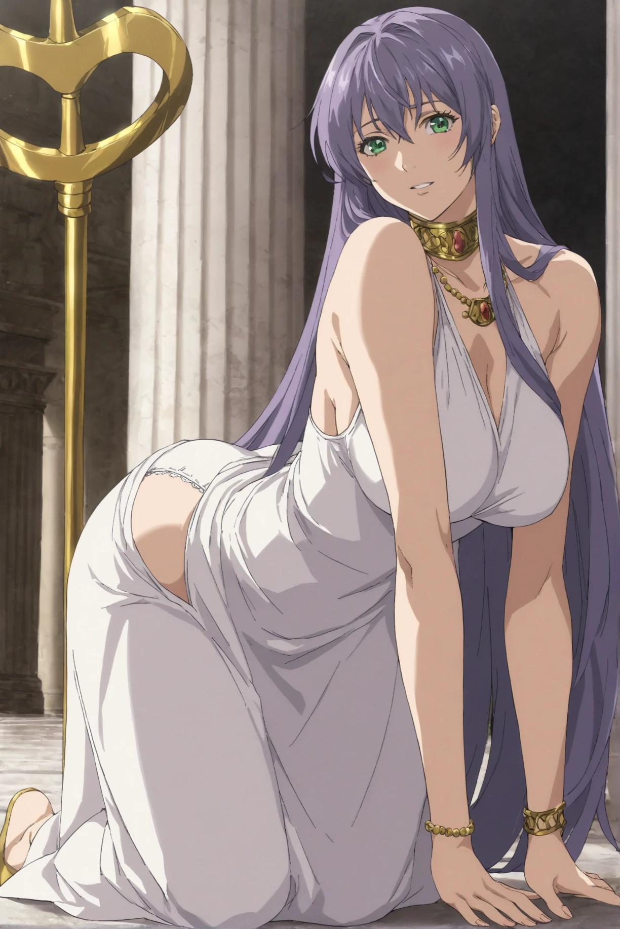 best quality,masterpiece,looking at viewer,absurdres,1girl,score_9,score_8_up,score_7_up,source_anime BREAK sasha,green eyes,purple hair,long hair,large breasts,white dress1,dress,gold necklace,bare shoulders, ChopioSuspended, arms behind back, (suspension:1.2), upper body leaning forward, (feet off the ground:1.4), bare breasts, bare nipples, bare pussy