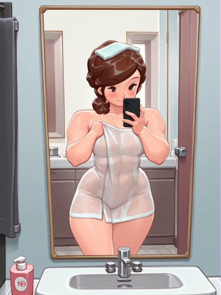 anniehughes, large breasts, MILF, 1girl, (Taking a nude selfie:1.2), stockings, exposed pussy, belly, midriff, nudity, slutty, nipples, NSFW, masterpiece, best quality, 2D, bathroom setting, standing, facing viewer, seductive, pubic hair, slutty, facing viewer, perfect anatomy, cowboy shot