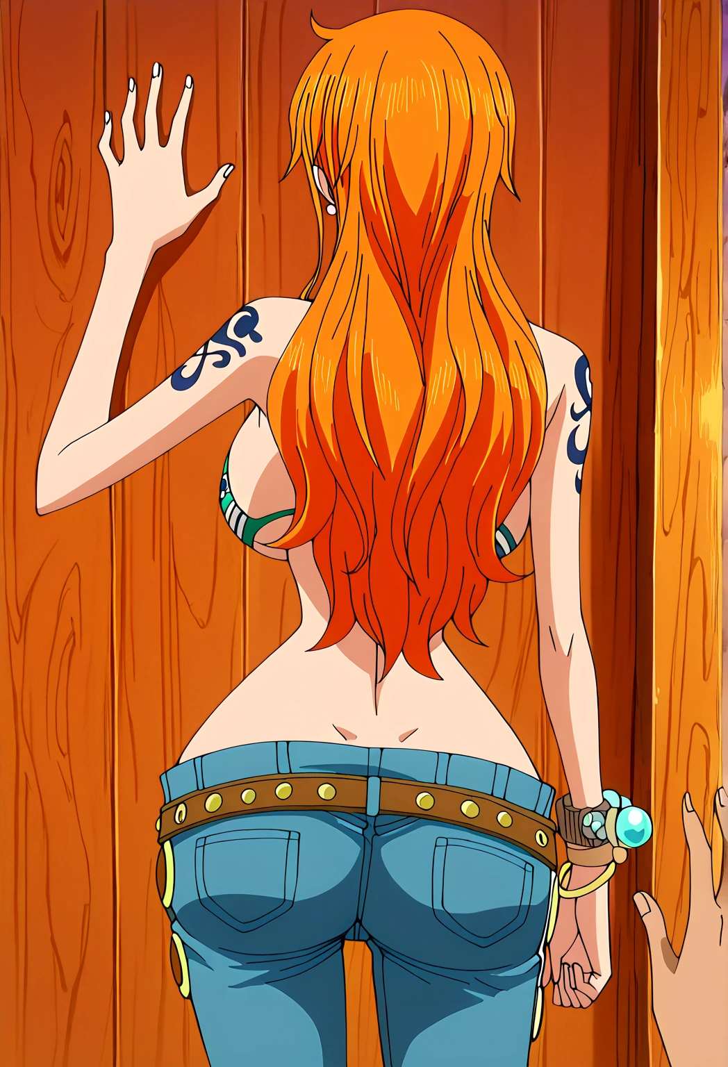 Ultra-realistic 8K CG, First Job, ((Ultra-detailed backgrounds, Delicate pattern, Intricate details)), (Very detailed, The finer details), Better Quality, (Realistic: 1.4), Beautiful lighting, Absurd, RAW Photos, Film Grain, ((Mid-breasted, slim)), Nami V2, One girl, Orange Hair, alone, Long Hair, jewelry, ((Mid-breasted, slim, sexy, Lewd, Left shoulder tattoo)), Brown eyes, View your viewers、blush、Embarrassing, toy, Cleavage, bracelet, clavicle, belly button, (Intricate detailsな背景, On the bed, on stomach, lying、Sunny, nature), ((Portraiture, close)), (stick out butt:1.3), (show your butt hole:1.8), sexyランジェリー