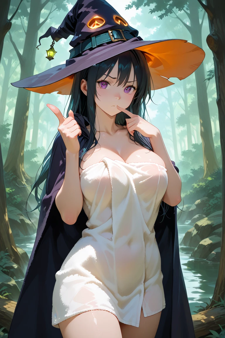 1 girl, slim, witch, witch hat, pointy hat, sideboobs, medium breasts, night, stars, forest