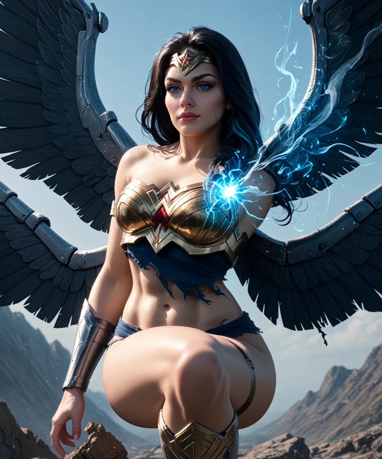 A young 15- yr old phoenix girl with lovely charming European face, having phoenix skin tone pigmenting texture, (wearing nose ring), (body builder, athletic masculine size body),(having a lots of battle scar's), (phoenix skin texture masterpiece ), (tomboyish cyber punk hairstyles look), (( wearing phoenix helmet)), (serious, with exposed teeths showing large fangs)(perfect full body detailed anatomy), (Super accessories detailed), (fighting pose), (perfect detailed bright sparkling eyes),( short illuminating hair), ((expose big hard erect nipples))(( wearing illuminating transparent armored panty and bra, with pussy clitoris exposed ))((legs wide open showing pussy line))(( Wearing illuminating transparency lion costumes )), (( holding treasure shield )), ( crystalized cliff background), (( having bird wings and tails)), (( illuminating different lights covering the sorrounding atmosphere of battle fields)) on its back wearing dark cape detailed design, has a angry face, 7 different perspective view of that same girl & face profile sheet character style