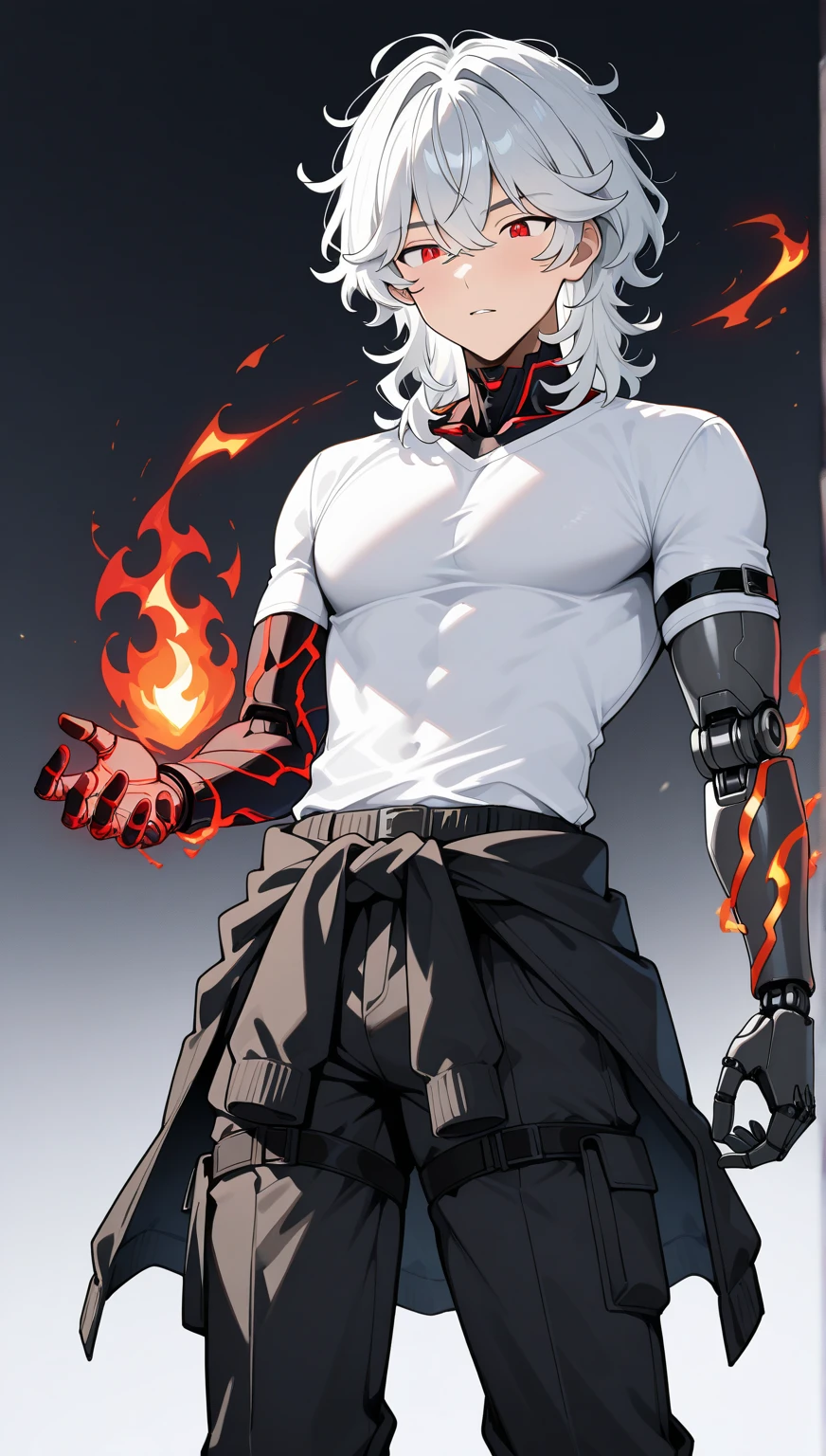 A 30 year old boy, he wears a black tank top and black sweatpants ,has long white hair tied in a ponytail, He holds in his right hand a black scythe that emanates an aura of flames. He looks down while smiling., he has white hair, he looks serious as he points the scythe at the viewer ,he has a rose tattoo all over his arm, his eyes are white