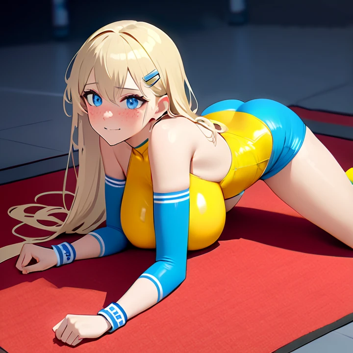 (((best quality))), (((high resolution))), (((masterpiece))), ((ultra-detailed)), (illustration), ((an extremely delicate and beautiful)), ((super detail)), (((20 years old))), ((adult)), (((tall))), gleaming skin, shiny body, breast focus, (((((ultra-huge breasts))))), elegant smile, ((big round eyes)), cute eyes, drooping eyes, two hands, five fingers, no extra hands, two legs, slender legs, ((biopunk)), ((metallic cloth)), (android), gynoid, delicate metal decorations, (medium length hair), (hair shorter than shoulder), braid, (see-through), mini skirt, ((midriff-baring outfit)), (shining brightly), daytime, city, (dark blond), (super heroine), (cheerleader), ((metallic blue)), (metallic shining competition swimsuit), (spread legs), (arms behind head), camel toe, sit with legs stretched out, (only left eye closed), (winking), soaking wet, topless, pussy juice,