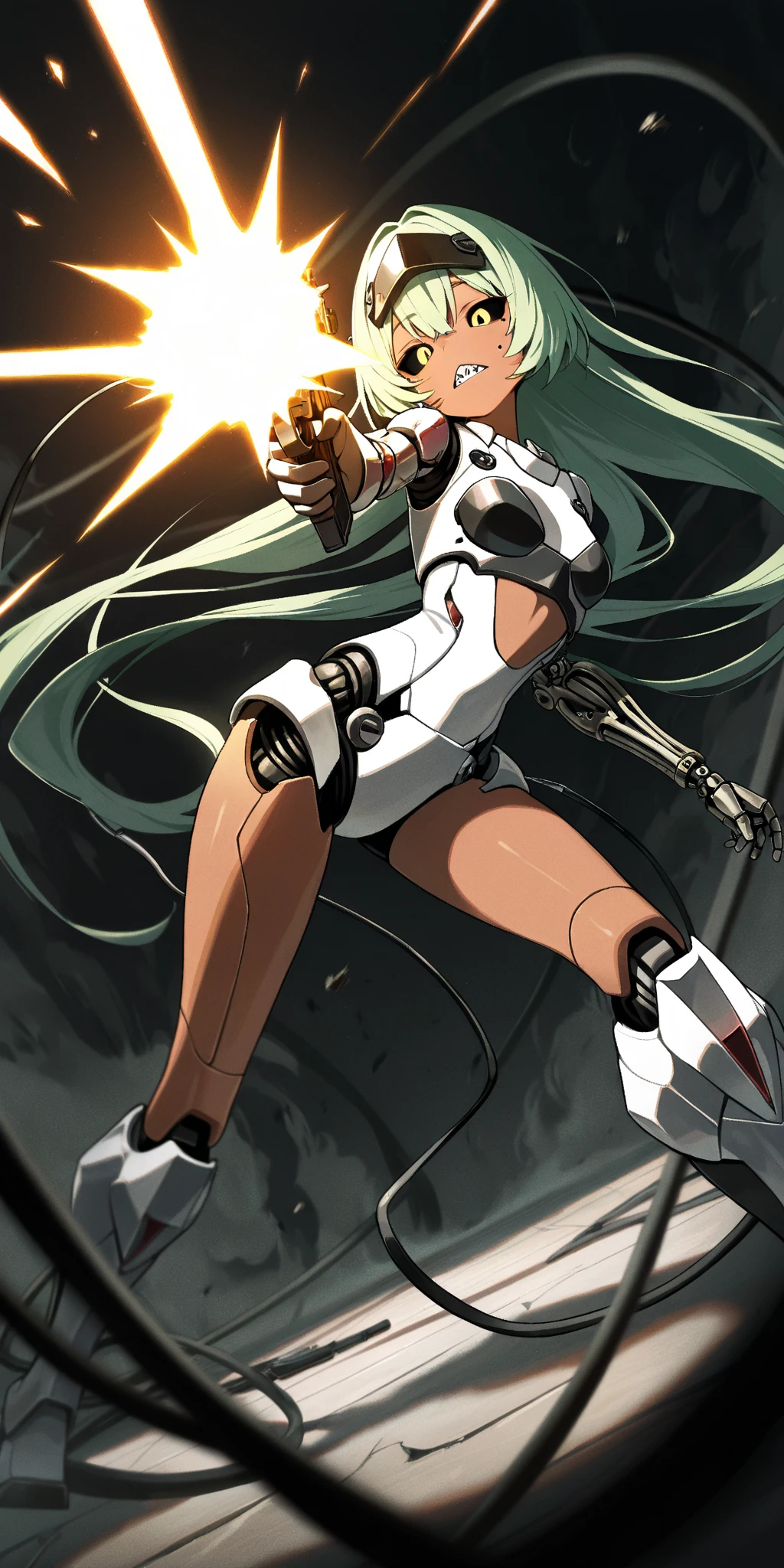 (humanoid Deficiency machine:1.2) ,Damaged precise Robot ,revolver ,(left machine arm damaged:1.4) ,short circuit body and arm:0.1 ,lost left hand ,precise machine girl type android :1.1 ,YSMB ,small :0.7 damage:1.7 ,(Very long wiring hair) ,Cinematic angle ,Dark skin:0.8, Trans parent ,Super wide shot ,Dynamic angle:1.0 , light gradation:0.1 ,head tilt:0.7 ,18 Old ,masterpiece, best quality, vibrant, very aesthetic, high contrast, cameralistic, newest, one mole under eye ,score_9, score_8_up, score_7_up,source_anime ,face_yolov8n/s.pt , mutant cheek:0.1 ,mutant :0.1 ,sharp tooth:0.1 ,black sclera ,Dutch angle ,from below ,spread my legs , Shoot the viewer with a gun ,Shoot the me with a gun .,muzzle flash:0.2 , black smoke:0.1 ,Exposed wiring arms ,Armored right legs ,Green hair ,head visor accessory ,Revolver , aiming at viewer:1.4 ,lost right leg ,damaged viewer:1.1 ,Damaging the audience ,Cracked Screen