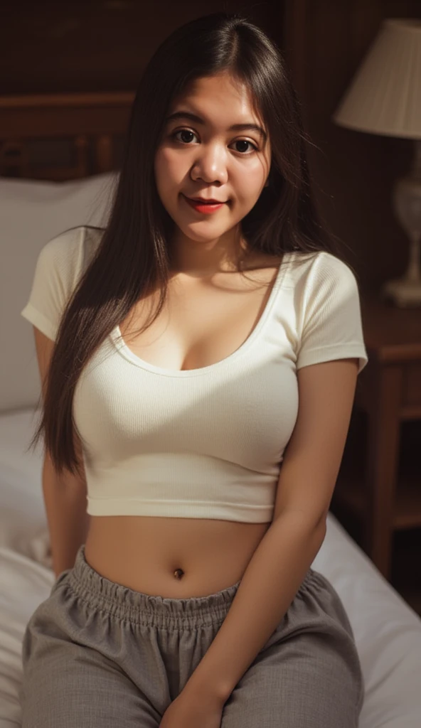 a beautiful woman taking a selfie with a cell phone in a luxurious room, 8k selfie photograph, Turkey girl, girl portrait , selfie of a young woman, young cute face, white skin, wearing headmistress navy shirt, selfie shot straight on angle, with kind face, south east asian with round face, nivanh chanthara, smile, jewelry, red lips, circle earring, Sharp, UHD, 8k, gold on arm,