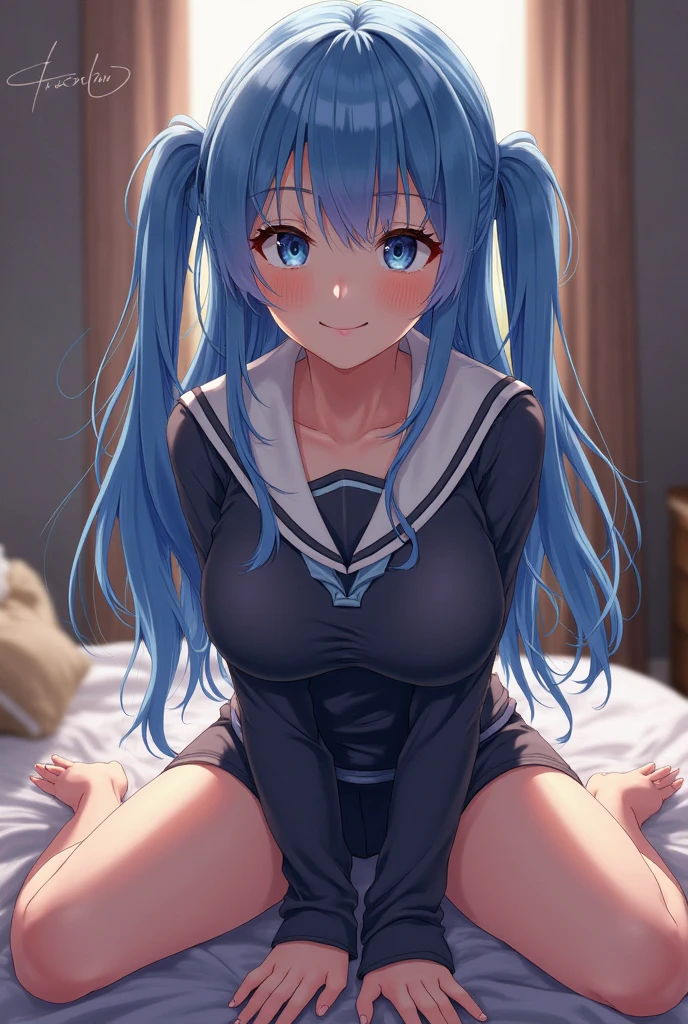 ica anime with blue hair and black stockings sitting on a bed, seductive chica anime, anime moe art style, ecchi, estilo anime ecchi, sonrisa burlona, (SFW) seguro para el trabajo, beautiful chica anime squatting, kantai collection style, chica anime, oppai, estilo ecchi, chica animes, attractive chica anime, shiina mayuri