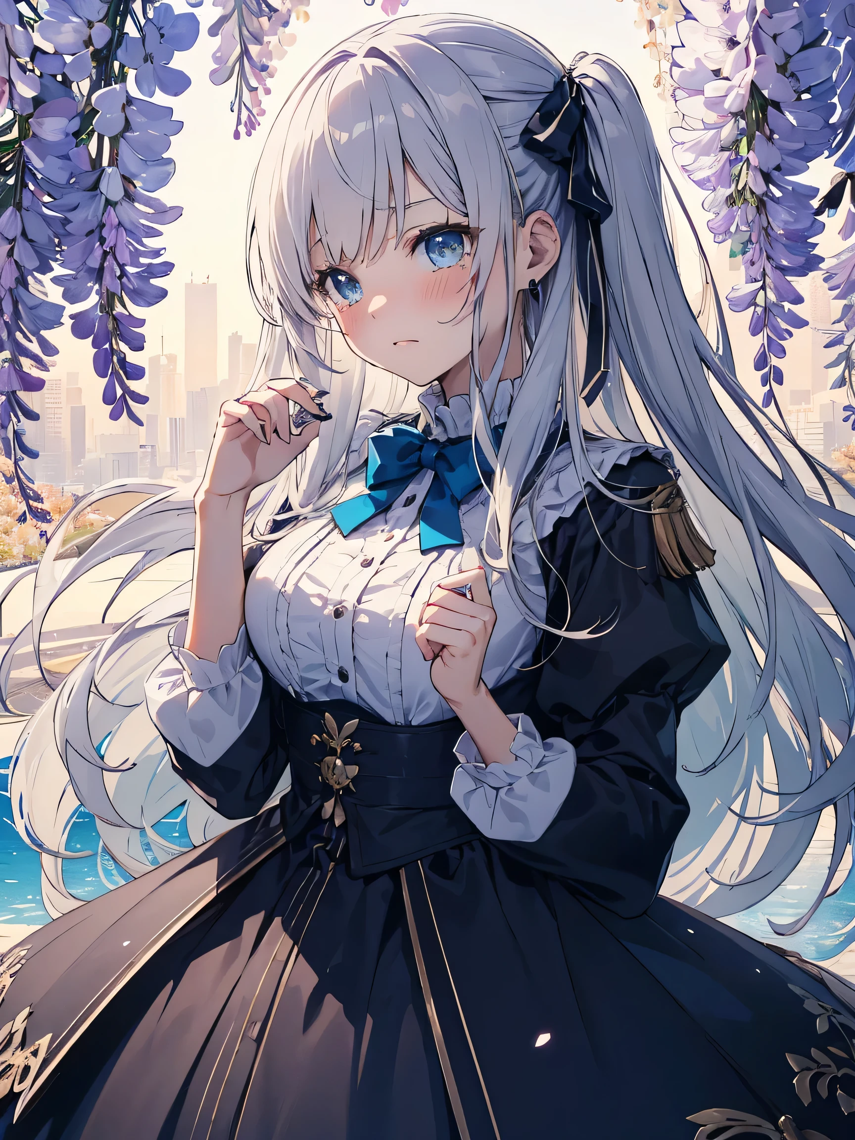 (score_9, score_8_up, score_7_up), source_Anime, absurd_res, white, purple, black, 1girl, solo, upper body, super fine illustration, an extremely delicate and beautiful, best quality, masterpiece, 8K, spring night setting, wisteria flowers, gentle breeze, moonlight filtering through trees, long silver hair:1.3, half updo:1.2, blue eyes, hair ribbon with black, ample breasts, blouse with a round collar:1.3, flared skirt with black, ultra-beautiful girl, fluttering hair, blushing faces, sad:1.3, tears:1.2, embarrassed reaction, looking viewers, holding a rose with both hands, soft fabric movement, fluttering petals, warm and bright atmosphere, soft lighting, delicate color palette, detailed clothing folds, flowing hair, lively spring night vibe, highly detailed rendering, breathtaking composition,