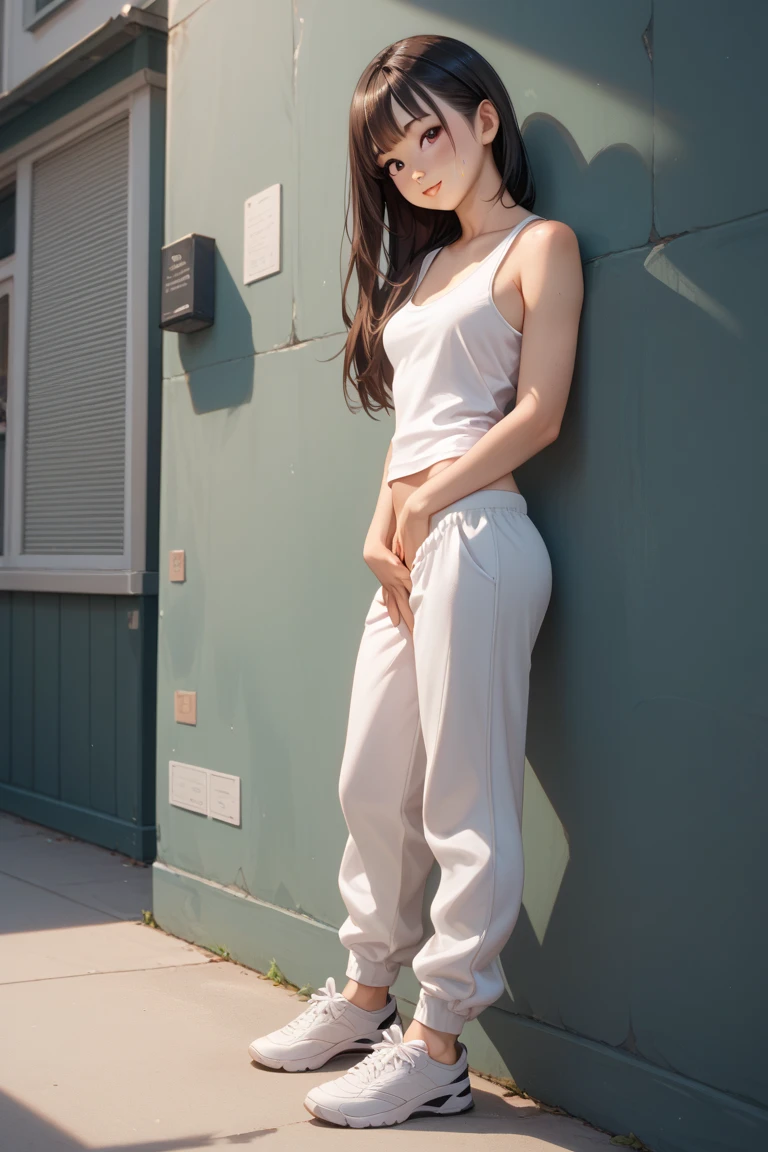arafed woman sitting on steps with her hands on her knees, wearing casual clothing, wearing tight simple clothes, wearing white camisole, wearing casual clothes, casual pose, wearing a low cut tanktop, wearing a camisole and shorts, cindy avelino, leaning on the wall, leaning against the wall, casual photography, wearing a sexy cropped top